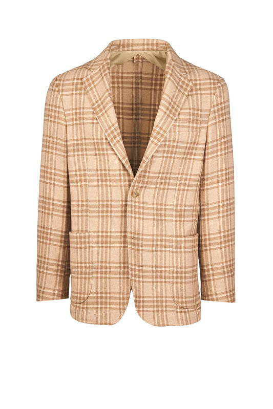 Unstructured Camel Wool Single-Breasted Check Jacket