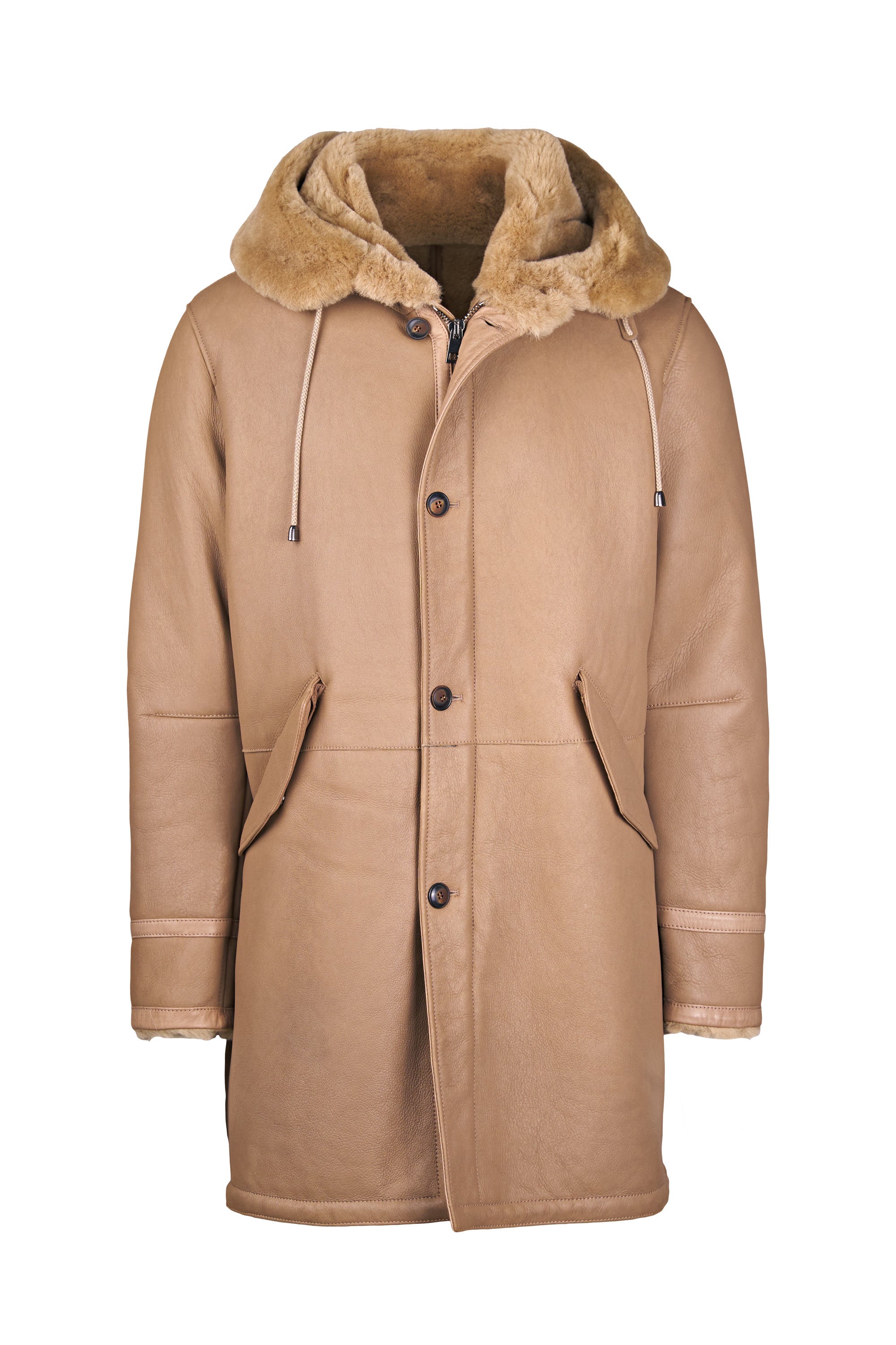Shearling Sheepskin Parka Coat with Hood Marrone 48